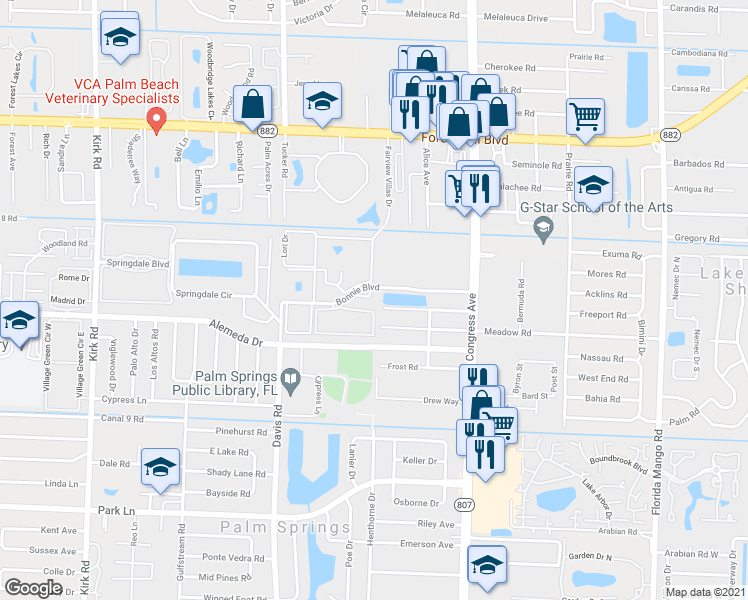 map of restaurants, bars, coffee shops, grocery stores, and more near 24 Bonnie Boulevard in Palm Springs