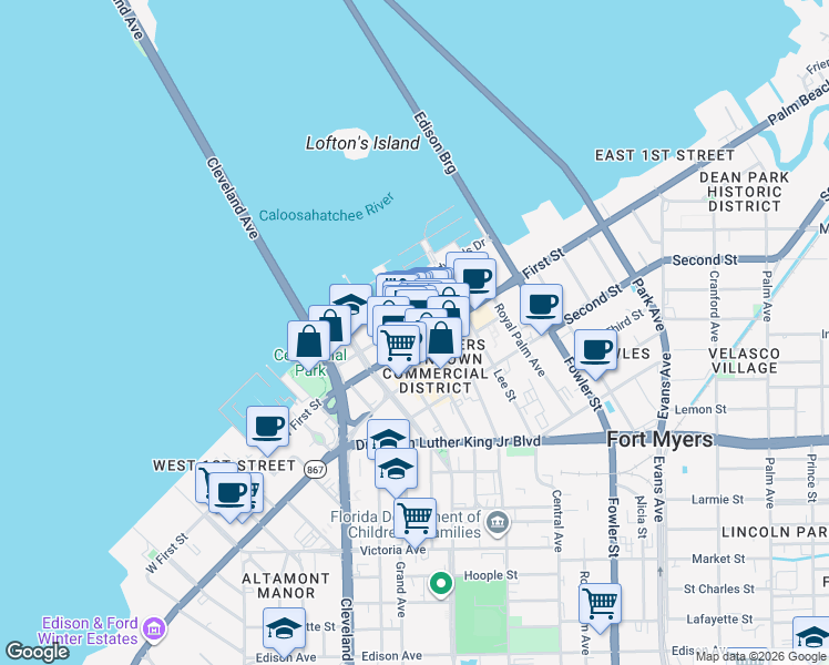 map of restaurants, bars, coffee shops, grocery stores, and more near 1422 Hendry Street in Fort Myers
