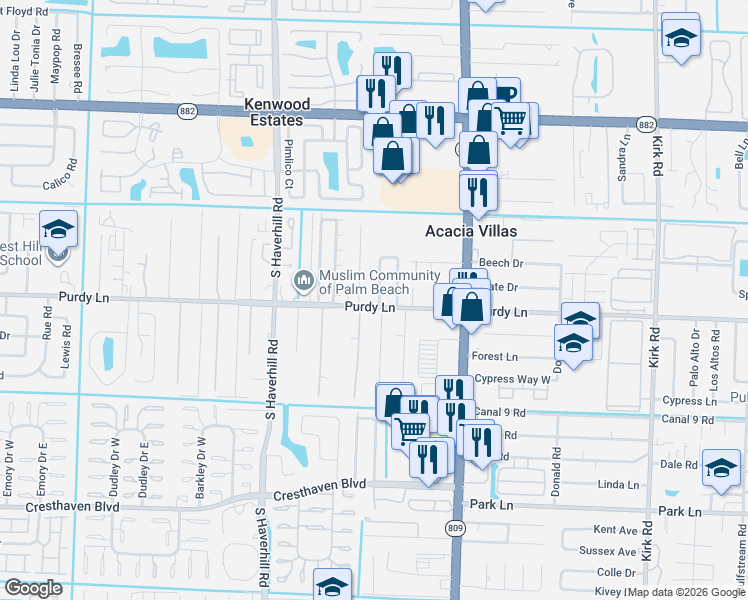 map of restaurants, bars, coffee shops, grocery stores, and more near 2217 West Palma Circle in West Palm Beach