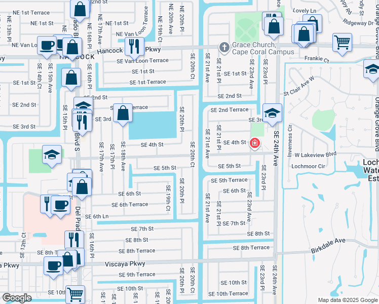 map of restaurants, bars, coffee shops, grocery stores, and more near 410 Southeast 20th Court in Cape Coral