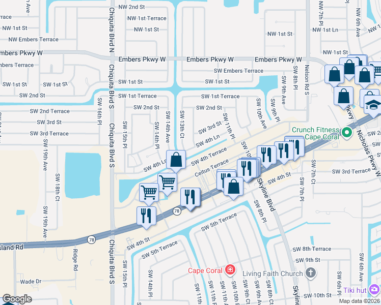 map of restaurants, bars, coffee shops, grocery stores, and more near 1308 Southwest 4th Lane in Cape Coral