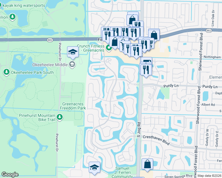 map of restaurants, bars, coffee shops, grocery stores, and more near 135 Hammocks Drive in Greenacres