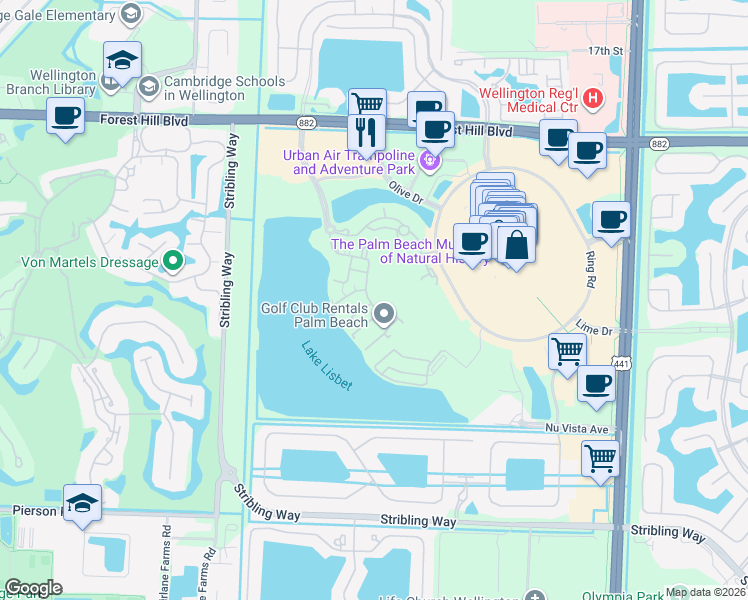 map of restaurants, bars, coffee shops, grocery stores, and more near 2430 Wellington Green Drive in Wellington