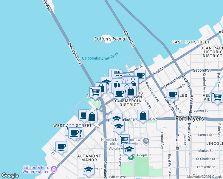 map of restaurants, bars, coffee shops, grocery stores, and more near 2150 Edwards Drive in Fort Myers
