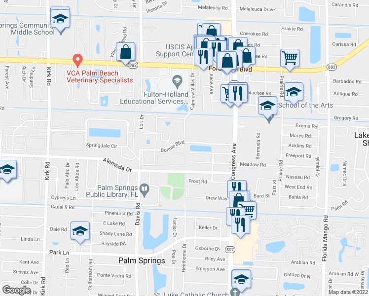 map of restaurants, bars, coffee shops, grocery stores, and more near 24 Bonnie Boulevard in Palm Springs
