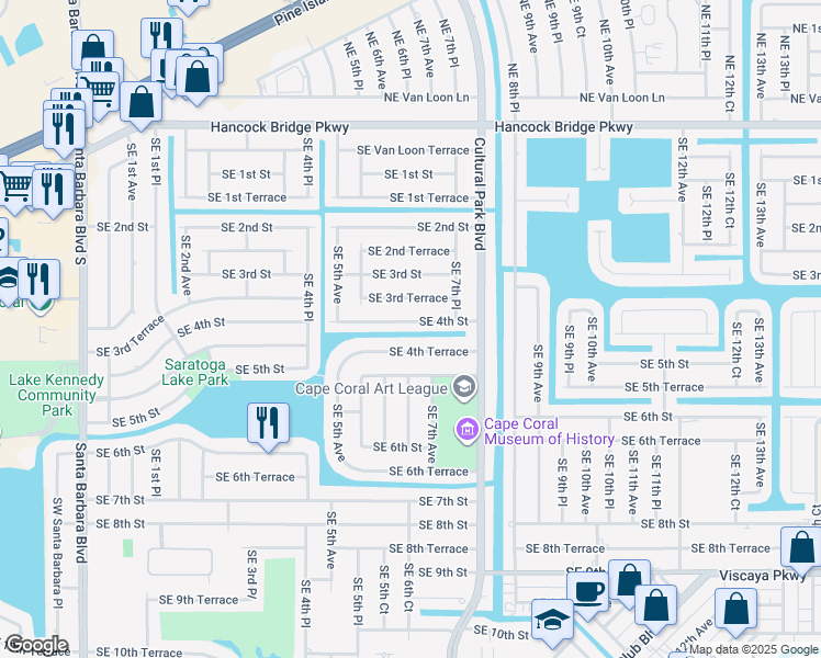 map of restaurants, bars, coffee shops, grocery stores, and more near 606 Southeast 4th Street in Cape Coral