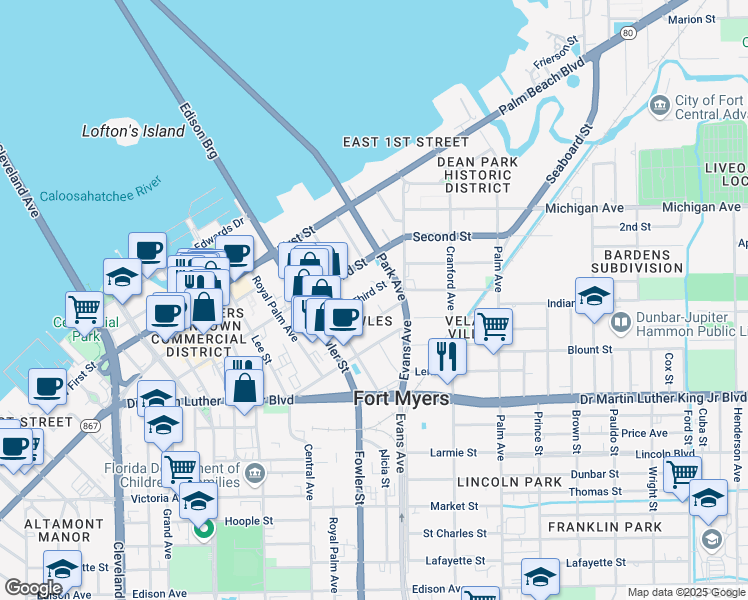 map of restaurants, bars, coffee shops, grocery stores, and more near 2559 Fourth Street in Fort Myers