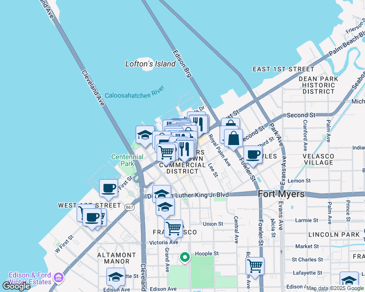 map of restaurants, bars, coffee shops, grocery stores, and more near 1520 Jackson Street in Fort Myers