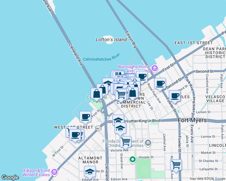 map of restaurants, bars, coffee shops, grocery stores, and more near 2199 Bay Street in Fort Myers