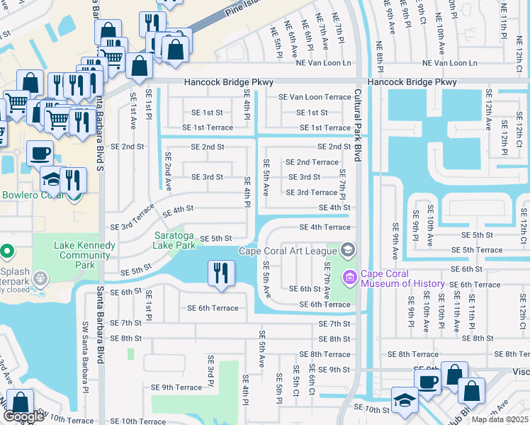 map of restaurants, bars, coffee shops, grocery stores, and more near 506 Southeast 4th Street in Cape Coral
