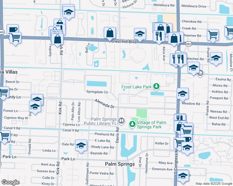 map of restaurants, bars, coffee shops, grocery stores, and more near 571 Springdale Circle in Palm Springs