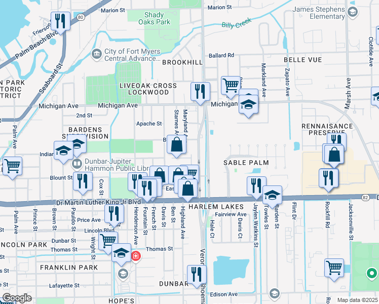 map of restaurants, bars, coffee shops, grocery stores, and more near 1785 Maryland Avenue in Fort Myers