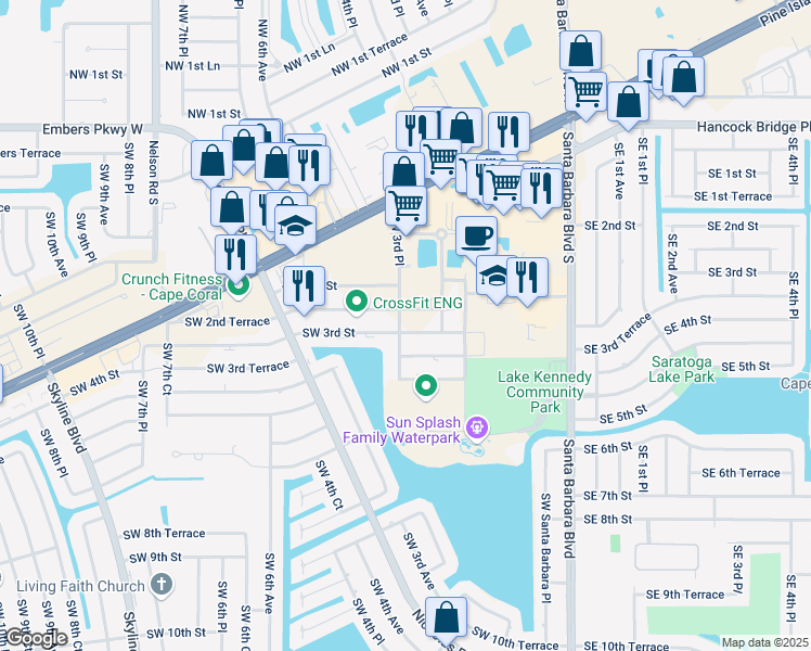 map of restaurants, bars, coffee shops, grocery stores, and more near 281 Southwest 3rd Street in Cape Coral
