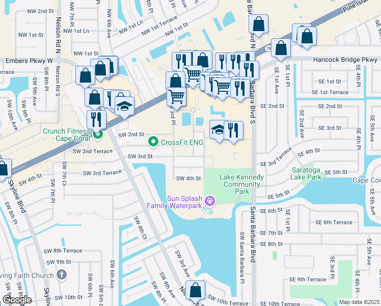 map of restaurants, bars, coffee shops, grocery stores, and more near 263 Southwest 3rd Avenue in Cape Coral