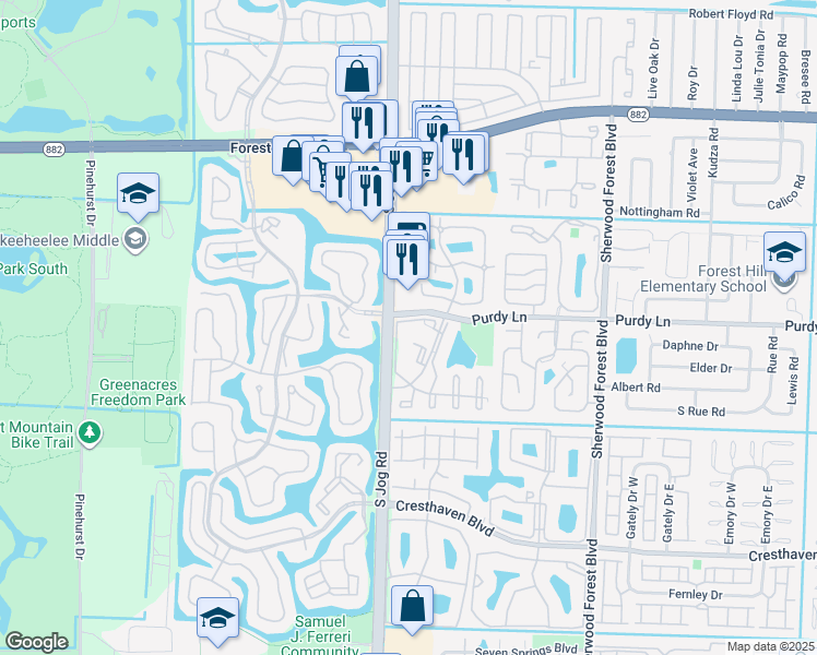 map of restaurants, bars, coffee shops, grocery stores, and more near 203 Foxtail Drive in Greenacres