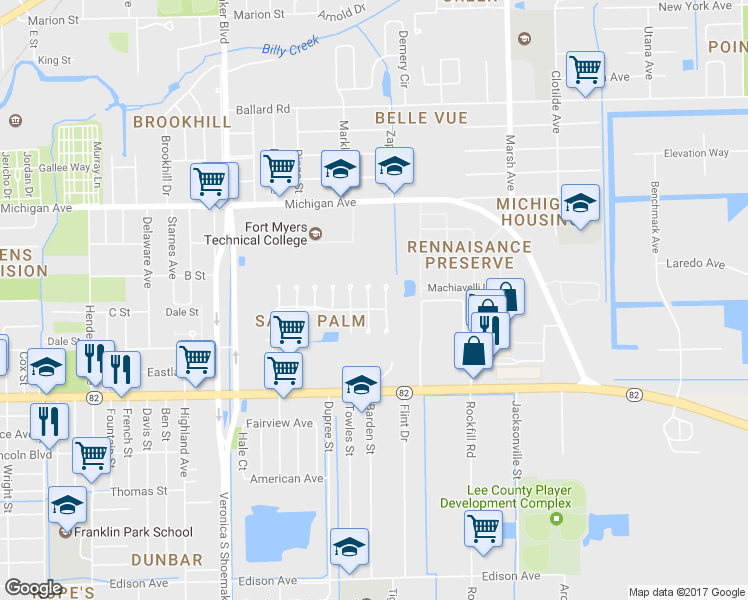 map of restaurants, bars, coffee shops, grocery stores, and more near 1775 North Meador Court in Fort Myers