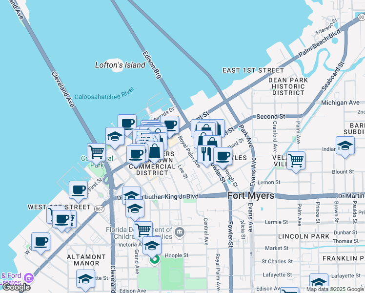 map of restaurants, bars, coffee shops, grocery stores, and more near 1651 Lee Street in Fort Myers