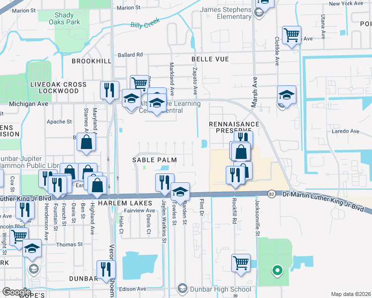 map of restaurants, bars, coffee shops, grocery stores, and more near 1775 North Meador Court in Fort Myers