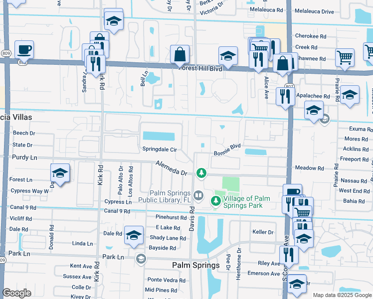 map of restaurants, bars, coffee shops, grocery stores, and more near 583 Springdale Court in Palm Springs