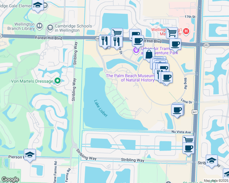 map of restaurants, bars, coffee shops, grocery stores, and more near 10741 Camino Circle in Wellington