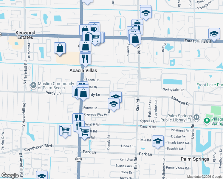 map of restaurants, bars, coffee shops, grocery stores, and more near 296 Woodland Road in Palm Springs