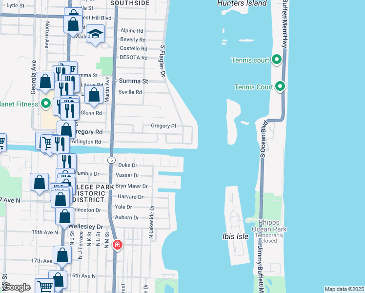 map of restaurants, bars, coffee shops, grocery stores, and more near 100 Arlington Place in West Palm Beach