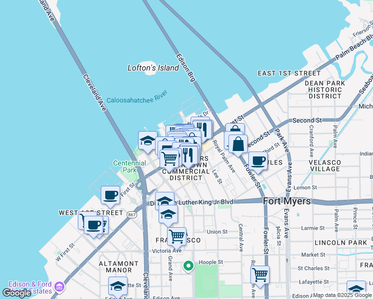 map of restaurants, bars, coffee shops, grocery stores, and more near 1520 Jackson Street in Fort Myers
