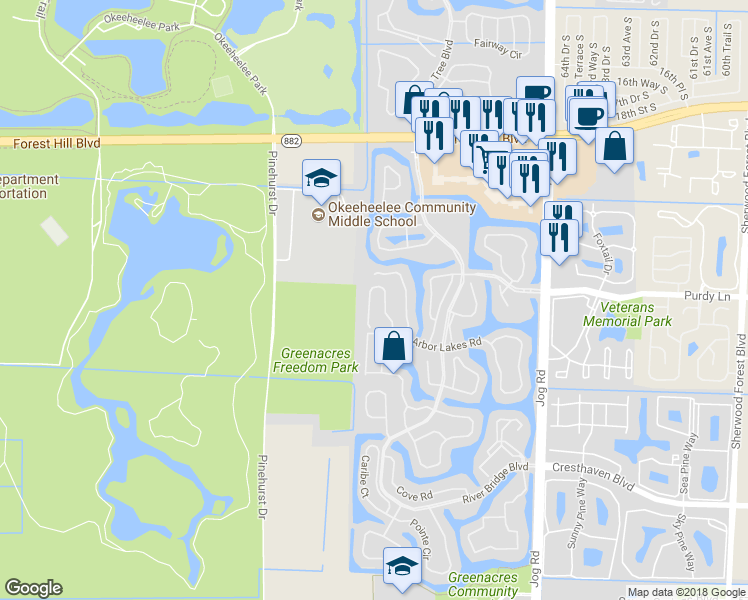 map of restaurants, bars, coffee shops, grocery stores, and more near 130 2 Pine Drive in West Palm Beach