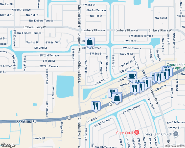 map of restaurants, bars, coffee shops, grocery stores, and more near 1437 Southwest 3rd Terrace in Cape Coral