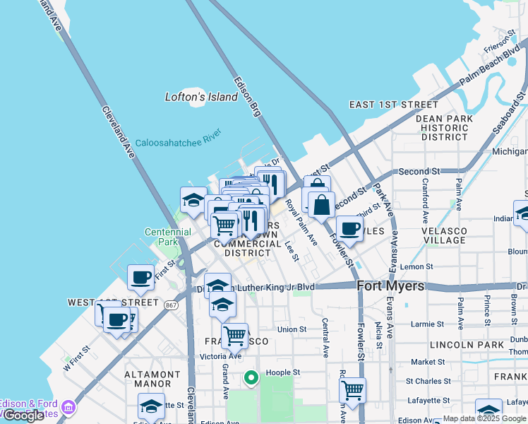 map of restaurants, bars, coffee shops, grocery stores, and more near 2310 First Street in Fort Myers