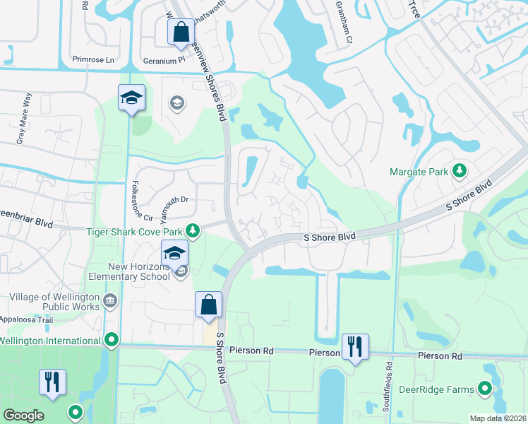 map of restaurants, bars, coffee shops, grocery stores, and more near 13487 Fountain View Boulevard in Wellington