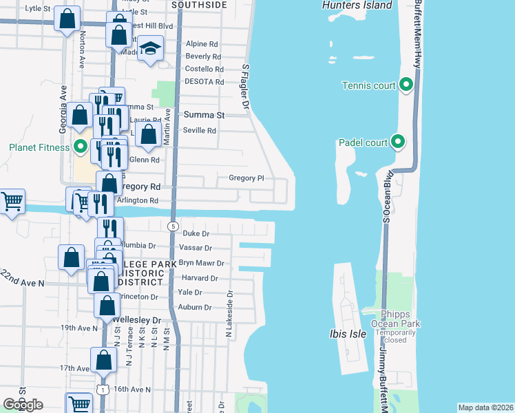 map of restaurants, bars, coffee shops, grocery stores, and more near 134 Arlington Place in West Palm Beach