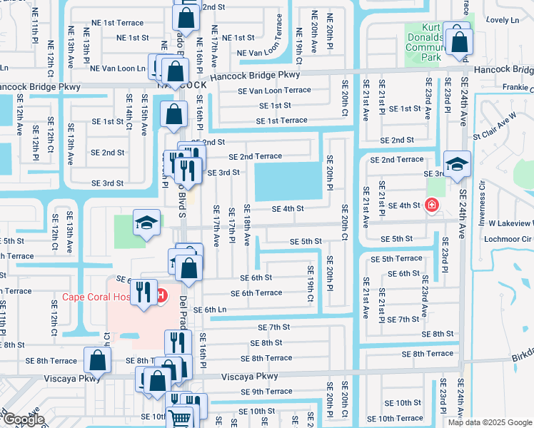 map of restaurants, bars, coffee shops, grocery stores, and more near 1817 Bolado Parkway in Cape Coral
