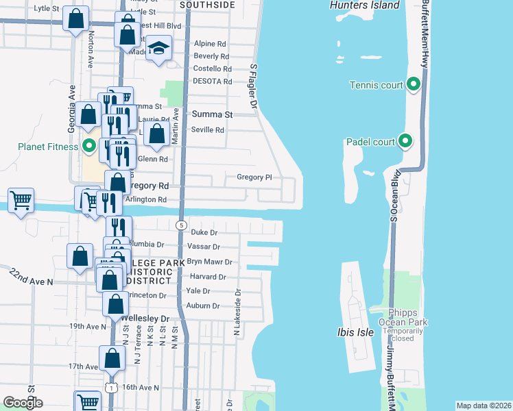 map of restaurants, bars, coffee shops, grocery stores, and more near 134 Arlington Place in West Palm Beach