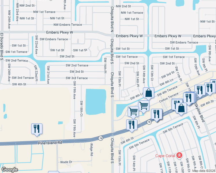 map of restaurants, bars, coffee shops, grocery stores, and more near 1608 Southwest 4th Street in Cape Coral