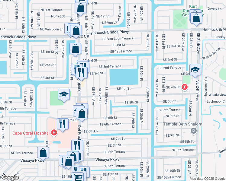 map of restaurants, bars, coffee shops, grocery stores, and more near 1814 Southeast 4th Street in Cape Coral