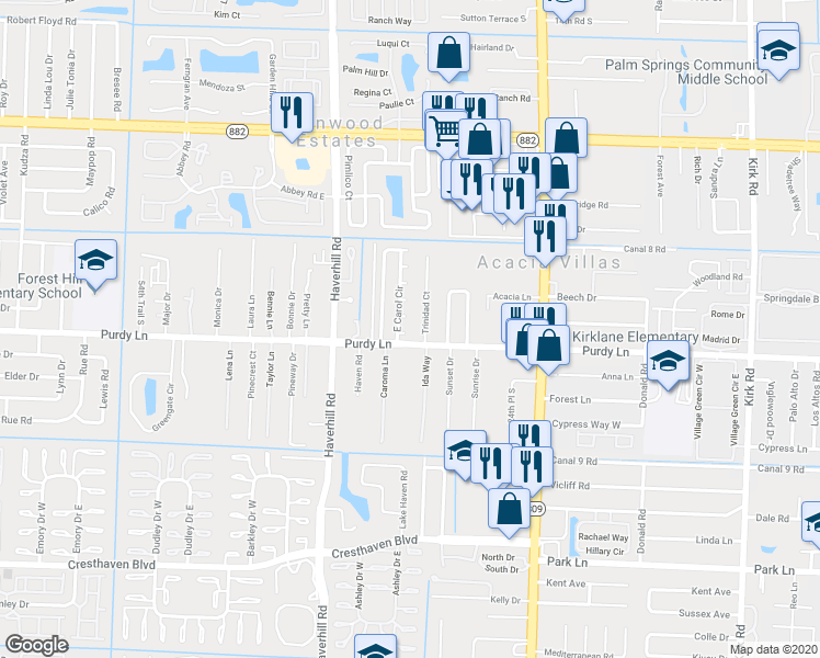 map of restaurants, bars, coffee shops, grocery stores, and more near 2222 East Carol Circle in West Palm Beach