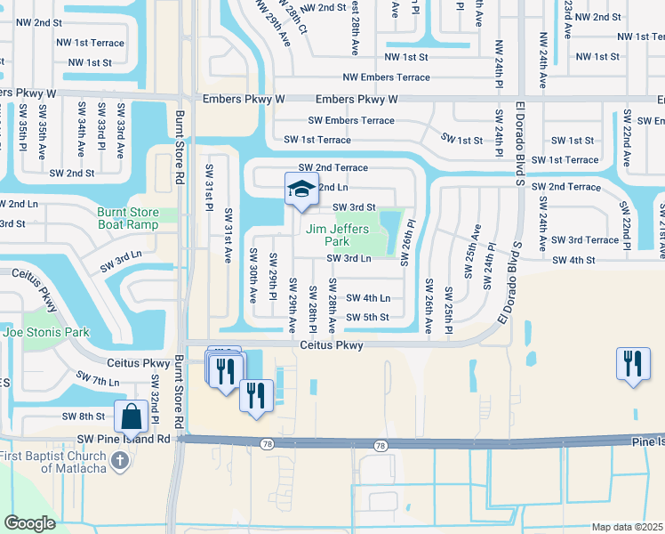 map of restaurants, bars, coffee shops, grocery stores, and more near 341 Southwest 28th Avenue in Cape Coral