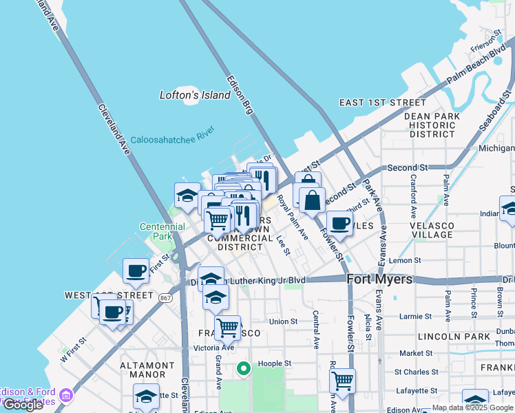 map of restaurants, bars, coffee shops, grocery stores, and more near 1520 Jackson Street in Fort Myers