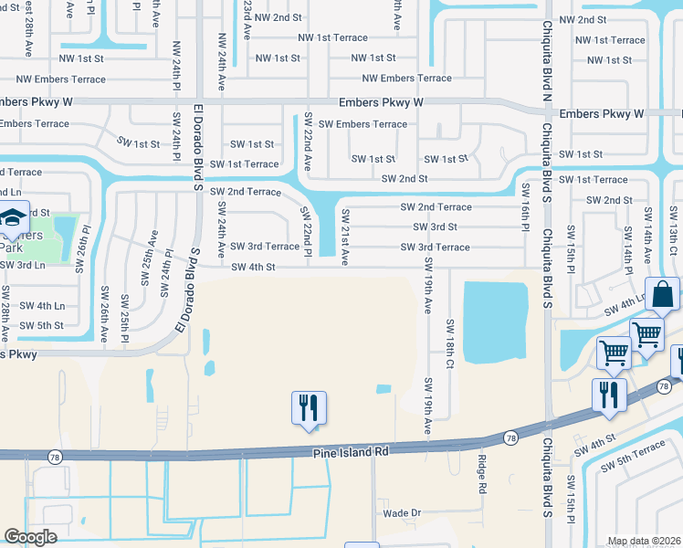 map of restaurants, bars, coffee shops, grocery stores, and more near 2102 Southwest 4th Street in Cape Coral