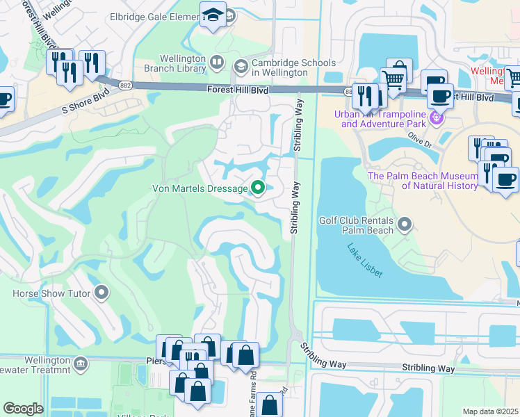 map of restaurants, bars, coffee shops, grocery stores, and more near 2316 Las Casitas Drive in Wellington