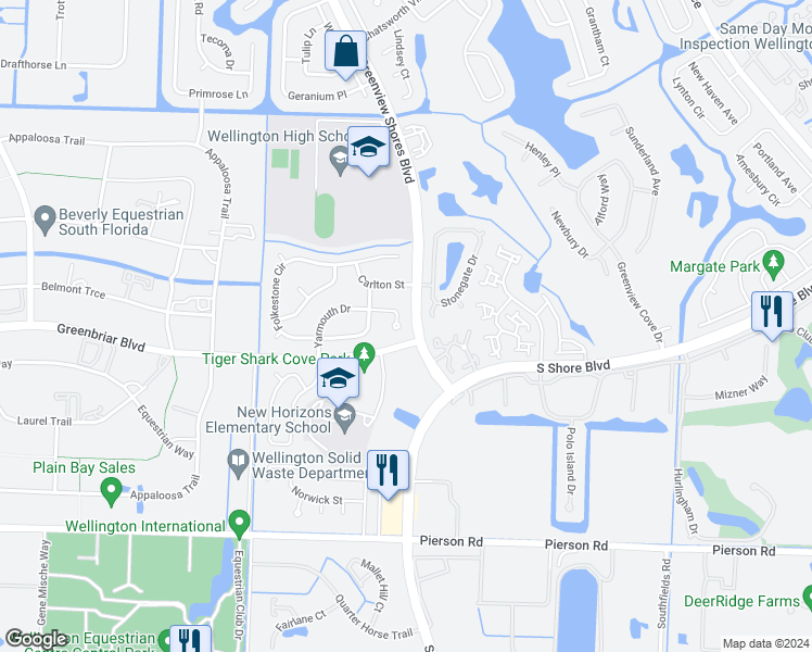 map of restaurants, bars, coffee shops, grocery stores, and more near 13618 Yarmouth Court in Wellington