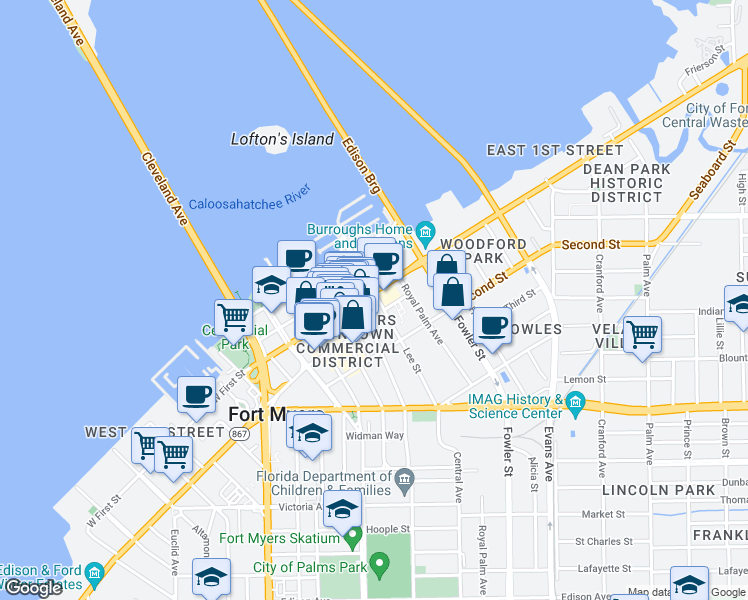 map of restaurants, bars, coffee shops, grocery stores, and more near 1520 Jackson Street in Fort Myers