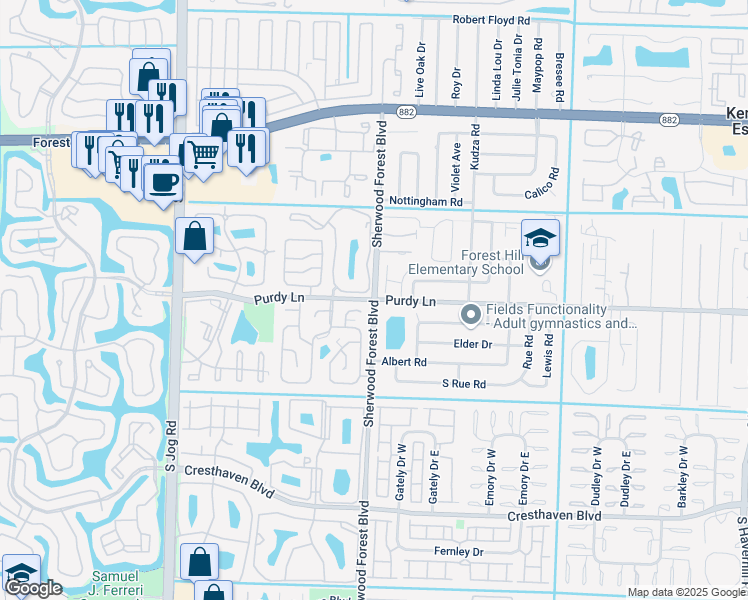 map of restaurants, bars, coffee shops, grocery stores, and more near Purdy Ln & Sherwood Forest Blvd in West Palm Beach