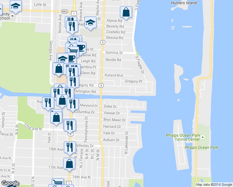 map of restaurants, bars, coffee shops, grocery stores, and more near 2615 Colgate Lane in Lake Worth