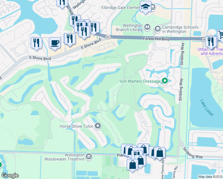 map of restaurants, bars, coffee shops, grocery stores, and more near 2450 Windsor Way Court in Wellington