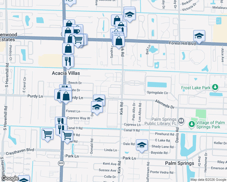 map of restaurants, bars, coffee shops, grocery stores, and more near 555 Kirk Road in Palm Springs