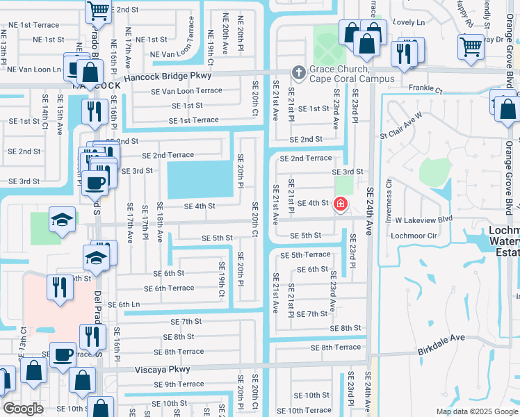 map of restaurants, bars, coffee shops, grocery stores, and more near 410 Southeast 20th Court in Cape Coral