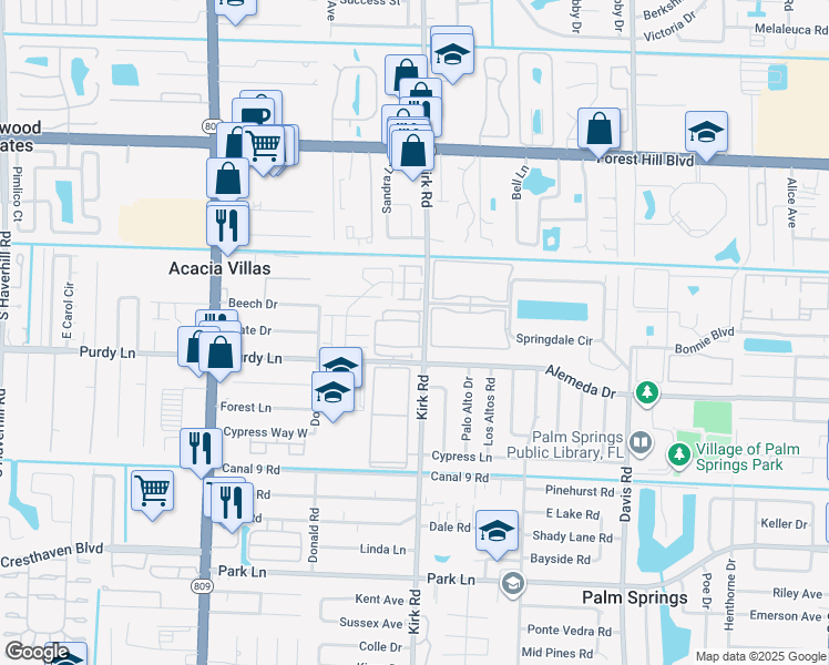 map of restaurants, bars, coffee shops, grocery stores, and more near 555 Kirk Road in Palm Springs
