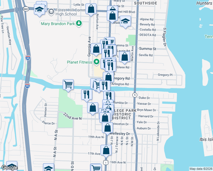 map of restaurants, bars, coffee shops, grocery stores, and more near 8111 South Dixie Highway in West Palm Beach